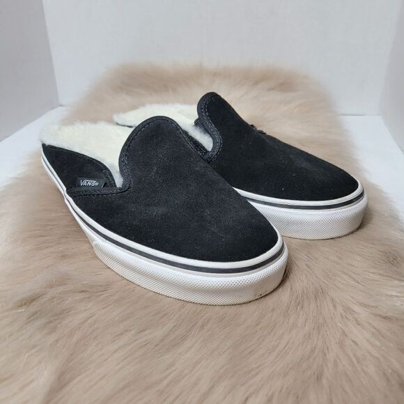 Vans Classic Slip On M Black Fur Women's Black Suede Clog Sneaker Size 6.5 - Picture 1 of 10